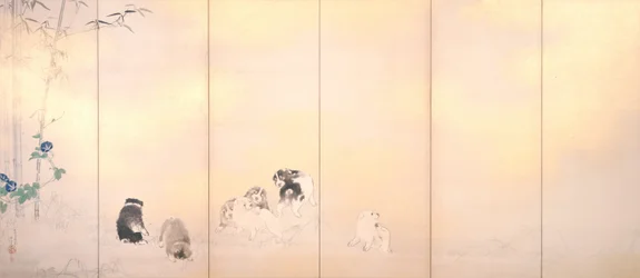 Paravent de glycines et de volubilis avec des chiens