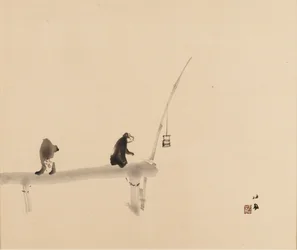 Gravure sur bois - Deux singes sur un quai, fin du XIXe-début du XXe siècle