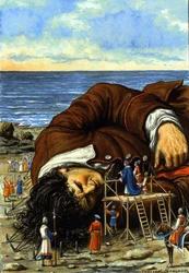 Illustration pour le récit Le Voyage de Gulliver de Jonathan Swift (1667 - 1745). Les habitants de Lilliput ligotent le géant Gulliver. Dessin de Tancredi Scarpelli, 20e siècle.