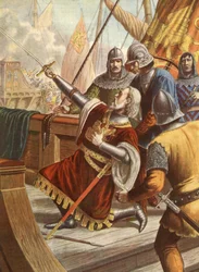 Amiral italien Luciano Doria tué en 1379 lors de la guerre entre Gênes et Venise, illustration, années 30