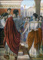 Antiquité romaine : Hortensia, porte-parole des matrones romaines frappées par une nouvelle taxe, défend leur cause contre les Triumvirs en 42 avant J.-C. Illustration de Tancredi Scarpelli