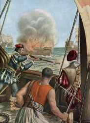 Deuxième expédition en Inde (1502-1503) « Bataille navale entre la flotte portugaise de Vasco de Gama et celle de Calicut, les Portugais tirent sur le navire musulman Miri chargé de pèlerins revenant de La Mecque, 3/10/1502 »