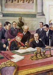 Signature des accords du Latran entre le gouvernement italien (fasciste) et le Saint-Siège garantissant la souveraineté du Pape au Vatican et officialisant la religion catholique en Italie