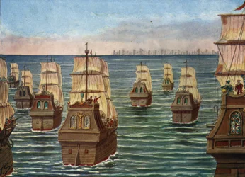 La bataille de Cannanor a eu lieu en mars 1506 au large du port de Cannanore en Inde, entre la flotte indienne du Samorin de Calicut et une flotte portugaise sous Lourenço de Almeida, fils du vice-roi Almeida) Illustration par Tancredi Scarpelli dans