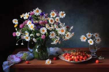 Marguerites fraîches et cerises