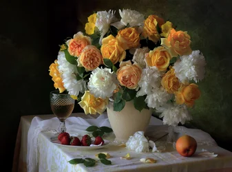 Roses dorées et pivoines