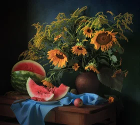 Tournesols dorés et pastèque