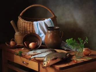 Nature morte rustique avec du poisson