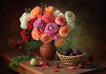 Des roses aux couleurs éclatantes et des fruits frais