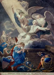 Gravure en couleurs de la gloire de George Washington élevée au ciel par le Temps et l