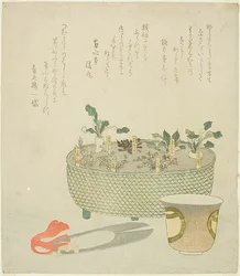 Les sept herbes (Nanakusa), avec ciseaux et tasse à thé