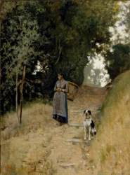 Paysanne avec panier et chien