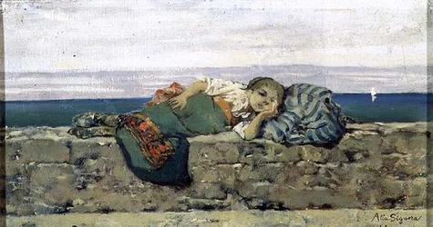 Jeune paysanne allongée sur un parapet