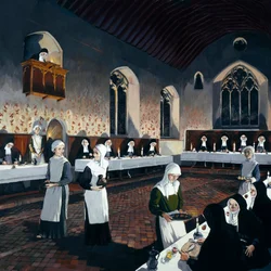 Reconstruction du réfectoire au XVe siècle, Abbaye de Denny, Cambridgeshire, 1993