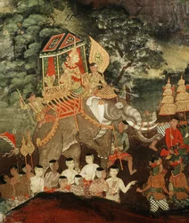 Le roi Vessantara sur un éléphant blanc rencontre les brahmanes, scène du Vessantara Jataka, début du XIXe siècle