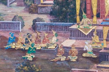 Fresque représentant des scènes du Ramayana au Wat Phra Kaeo, le Grand Palais Royal, Bangkok, Thaïlande