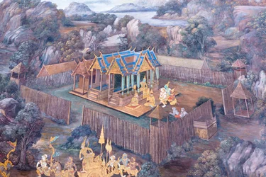 Peinture murale représentant des scènes du Ramayana au Wat Phra Kaeo, le Palais Royal, Bangkok, Thaïlande
