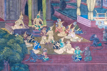 Fresque représentant des scènes du Ramayana au Wat Phra Kaeo, Palais Royal, Bangkok, Thaïlande