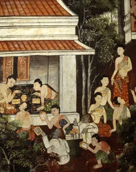Dames du palais achetant des bijoux et des miroirs à des marchands musulmans, style Rattanakosin