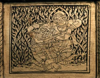 ART THAI : Un épisode du "Ramayana". Cabinet de livres, Bangkok Style.