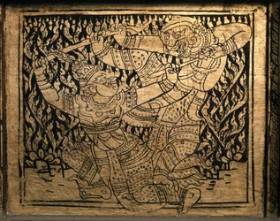 ART THAI : Un épisode du "Ramayana". Cabinet de livres, Bangkok Style.