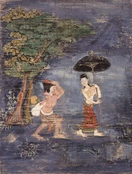 Le vieux brahmane Jujaka suit sa jeune épouse
