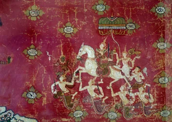Bouddhisme : scène de la vie de Bouddha : le Grand Départ (détail)
