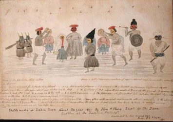 Croquis de la vie des Gurkhas à Dehra Dun, vers 1821