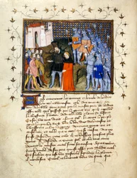 (Folio entier) Le roi Richard II, captif mené à Londres par Henry Bolingbroke, renonce au trône; bordure décorée avec texte en dessous.
