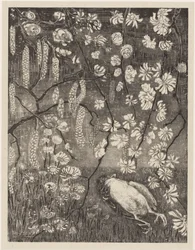 Petit oiseau mort sous des branches de noisetier et de chèvrefeuille (Bloemstudies)