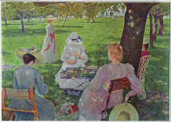 Famille dans un jardin avec arbres fruitiers (peinture sur toile)