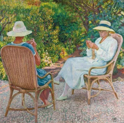 Maria et Elisabeth van Rysselberghe tricotant dans le jardin, vers 1912