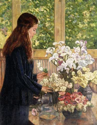 Jeune fille avec des vases de fleurs