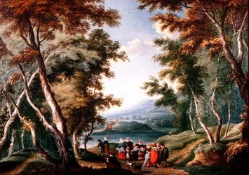 Paysage boisé avec vendeurs de fruits et autres personnages