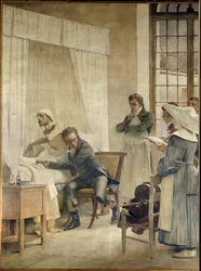 René Laennec auscultant un phtisique devant ses élèves. René-Théophile-Hyacinthe Laennec (1781-1826), médecin français, inventeur du stéthoscope
