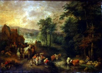 Paysage boisé avec paysans et chariots