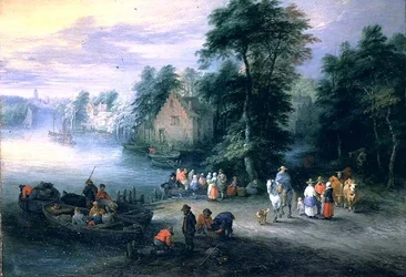 Paysage fluvial boisé avec figures et bétail