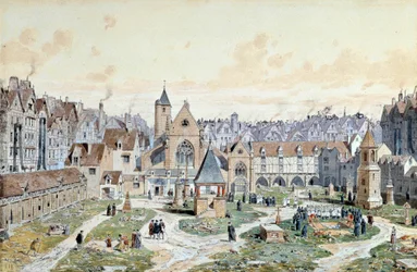 Vue du cimetière des Innocents à Paris en 1550