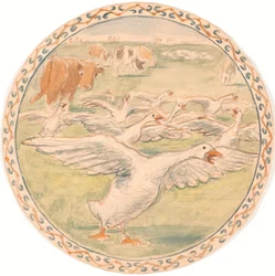 Vaches paissant et oies criant (esquisse pour un plat en céramique)