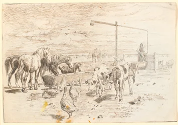 Chevaux, veaux et oies au puits hollandais sur Saltholm