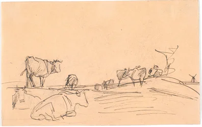 Paysage avec des vaches couchées et debout