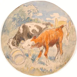 Deux veaux en plein air, léchant un pissenlit renversé (esquisse pour un plat en céramique)