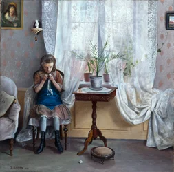 Intérieur avec fille crochetant
