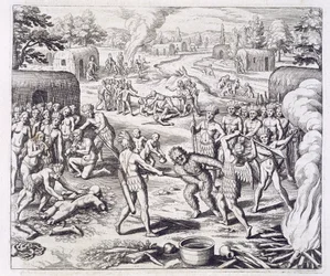 Bataille entre les tribus Tuppin, tiré de "Newe Welt und Americanische Historien" de Johann Ludwig Gottfried, publié par Mattaeus Merian, Francfort.