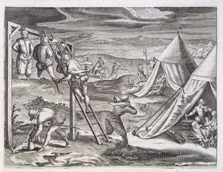Pendaison et mutilation de trois voleurs, Rio de la Plata, vers 1536, extrait de "Newe Welt und Americanische Historien" de Johann Ludwig Gottfried, publié par Mattaeus Merian, Francfort.