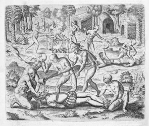 Massacre de missionnaires chrétiens près de Cumana, Venezuela, tiré de "Newe Welt und Americanische Historien" par Johann Ludwig Gottfried, publié par Mattaeus Merian, Francfort.