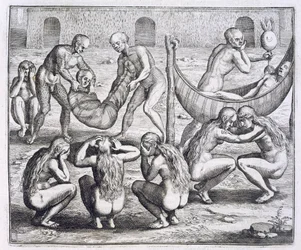 Le chef Tupinamba et sa famille tombent malades alors que Hans Staden est retenu en captivité, extrait de "Newe Welt und Americanische Historien" de Johann Ludwig Gottfried, publié par Mattaeus Merian, Francfort.
