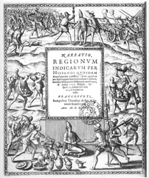 Bartholome de Las Casas (1474-1566) condamnant les traitements cruels infligés aux Indiens par les conquistadors, extrait de la "Narratio Regionum Indicarrum per Hispanos" (gravure) (photo n/b)