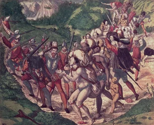 La cruauté de Petrus de Calyce : esclaves indiens au Pérou maltraités par les soldats espagnols (gravure)
