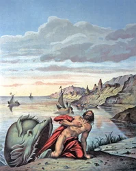 Jonas sort du ventre de la baleine, milieu du 19e siècle (illustration)